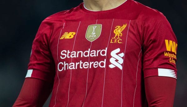 LIVERPOOL, ENGLAND - Sunday, December 29, 2019: The gold FIFA Club World Cup winners' badge on Liverpool's shirt during the FA Premier League match between Liverpool FC and Wolverhampton Wanderers FC at Anfield. (Pic by Richard Roberts/Propaganda)