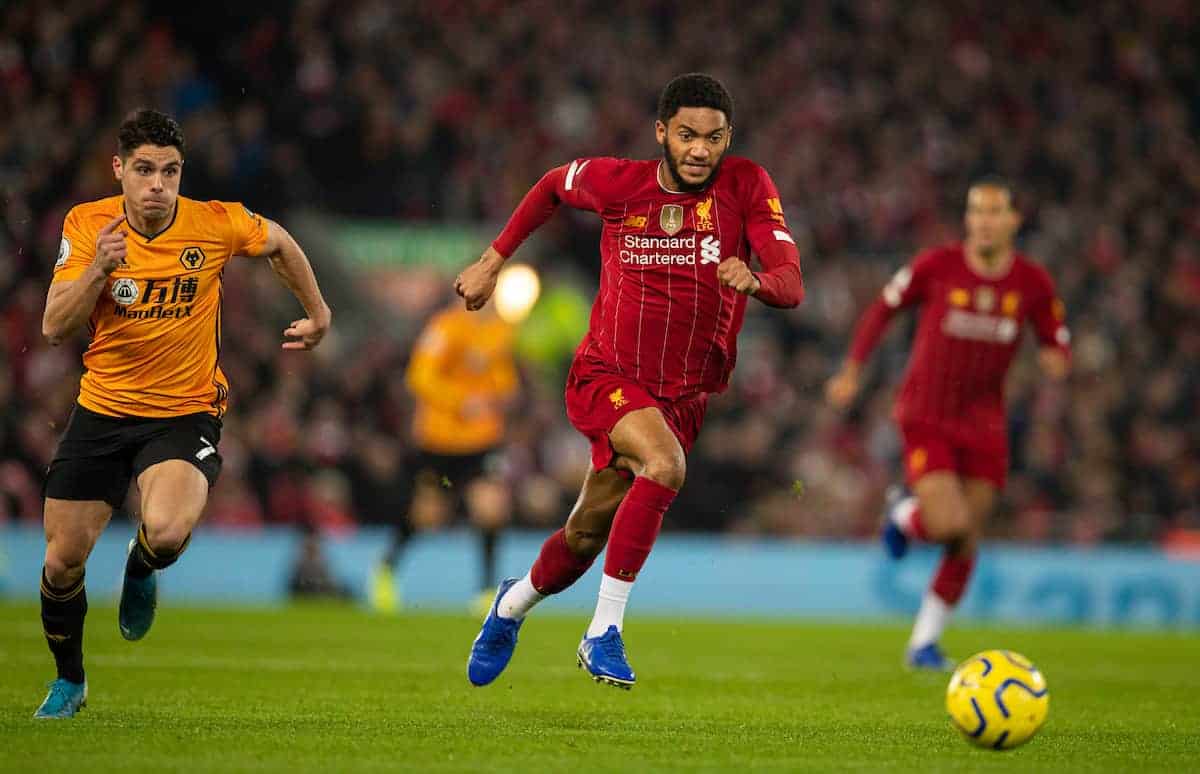 LIVERPOOL, ENGLAND - Sunday, December 29, 2019: The gold FIFA Club World Cup winners' badge on the shirt of Liverpool's Joe Gomez during the FA Premier League match between Liverpool FC and Wolverhampton Wanderers FC at Anfield. (Pic by Richard Roberts/Propaganda)