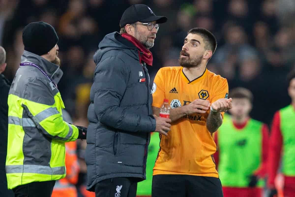 LIVERPOOL, ENGLAND - Sunday, December 29, 2019: Wolverhampton Wanderers' Rúben Neves complains to Liverpool's manager Jürgen Klopp as the Reds score the first goal after a VAR review during the FA Premier League match between Liverpool FC and Wolverhampton Wanderers FC at Anfield. (Pic by Richard Roberts/Propaganda)