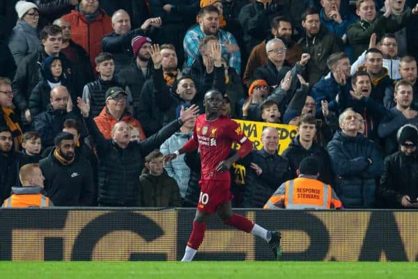 LIVERPOOL, ENGLAND - Sunday, December 29, 2019: Liverpool's Sadio Mané celebrates scoring the first goal during the FA Premier League match between Liverpool FC and Wolverhampton Wanderers FC at Anfield. (Pic by Richard Roberts/Propaganda)