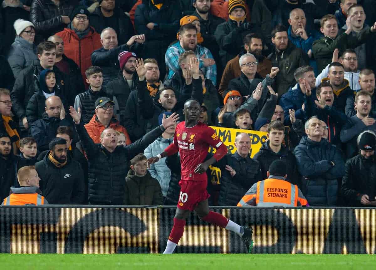 LIVERPOOL, ENGLAND - Sunday, December 29, 2019: Liverpool's Sadio Mané celebrates scoring the first goal during the FA Premier League match between Liverpool FC and Wolverhampton Wanderers FC at Anfield. (Pic by Richard Roberts/Propaganda)