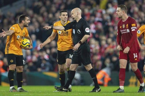 LIVERPOOL, ENGLAND - Sunday, December 29, 2019: Wolverhampton Wanderers' captain Conor Coady complains to referee Anthony Taylor after their goal was disallowed after a VAR review during the FA Premier League match between Liverpool FC and Wolverhampton Wanderers FC at Anfield. (Pic by Richard Roberts/Propaganda)