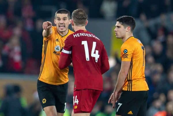 LIVERPOOL, ENGLAND - Sunday, December 29, 2019: Wolverhampton Wanderers' captain Conor Coady complains to captain Jordan Henderson after their goal was disallowed after a VAR review during the FA Premier League match between Liverpool FC and Wolverhampton Wanderers FC at Anfield. (Pic by Richard Roberts/Propaganda)