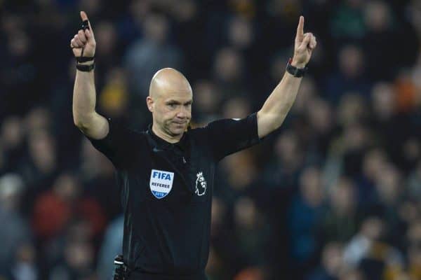 LIVERPOOL, ENGLAND - Sunday, December 29, 2019: Referee Anthony Taylor awards the opening goal to Liverpool after a VAR review during the FA Premier League match between Liverpool FC and Wolverhampton Wanderers FC at Anfield. (Pic by Richard Roberts/Propaganda)