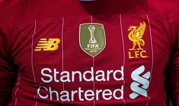 LIVERPOOL, ENGLAND - Sunday, December 29, 2019: Liverpool's shirt featuring the gold FIFA Club World Cup winners' badge during the FA Premier League match between Liverpool FC and Wolverhampton Wanderers FC at Anfield. (Pic by Richard Roberts/Propaganda)