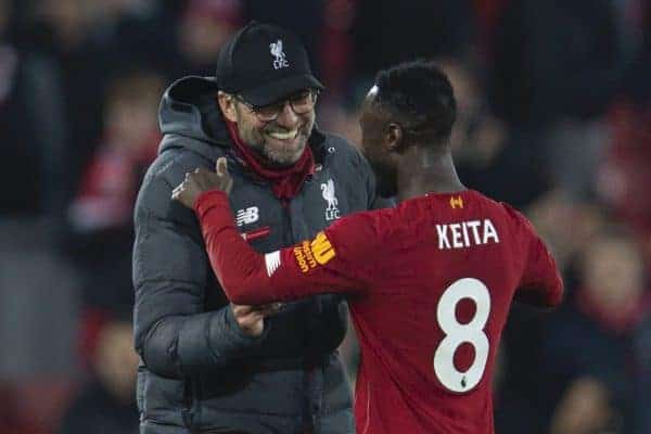 LIVERPOOL, ENGLAND - Sunday, December 29, 2019: Liverpool's manager Jürgen Klopp celebrateswith Naby Keita after the FA Premier League match between Liverpool FC and Wolverhampton Wanderers FC at Anfield. Liverpool won 1-0. (Pic by David Rawcliffe/Propaganda)