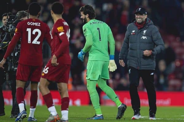 LIVERPOOL, ENGLAND - Sunday, December 29, 2019: Liverpool's manager Jürgen Klopp celebrates after the FA Premier League match between Liverpool FC and Wolverhampton Wanderers FC at Anfield. Liverpool won 1-0. (Pic by David Rawcliffe/Propaganda)