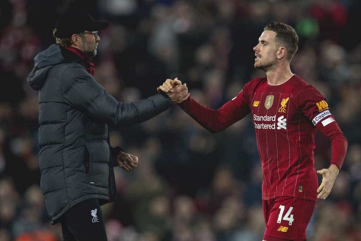 LIVERPOOL, ENGLAND - Sunday, December 29, 2019: Liverpool's manager Jürgen Klopp celebrates with captain Jordan Henderson after the FA Premier League match between Liverpool FC and Wolverhampton Wanderers FC at Anfield. Liverpool won 1-0. (Pic by David Rawcliffe/Propaganda)