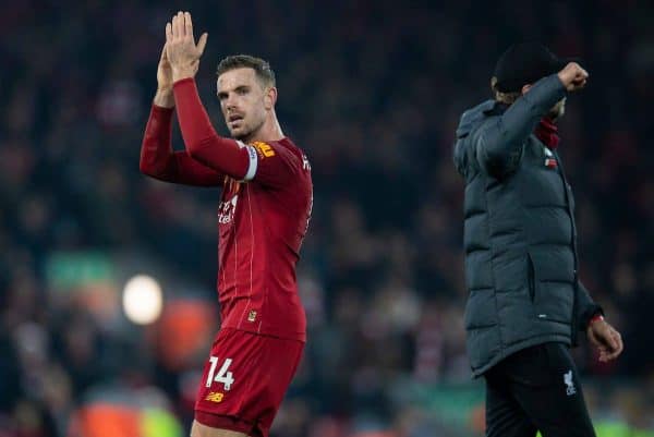 LIVERPOOL, ENGLAND - Sunday, December 29, 2019: Liverpool's captain Jordan Henderson celebrates after the FA Premier League match between Liverpool FC and Wolverhampton Wanderers FC at Anfield. Liverpool won 1-0. (Pic by David Rawcliffe/Propaganda)