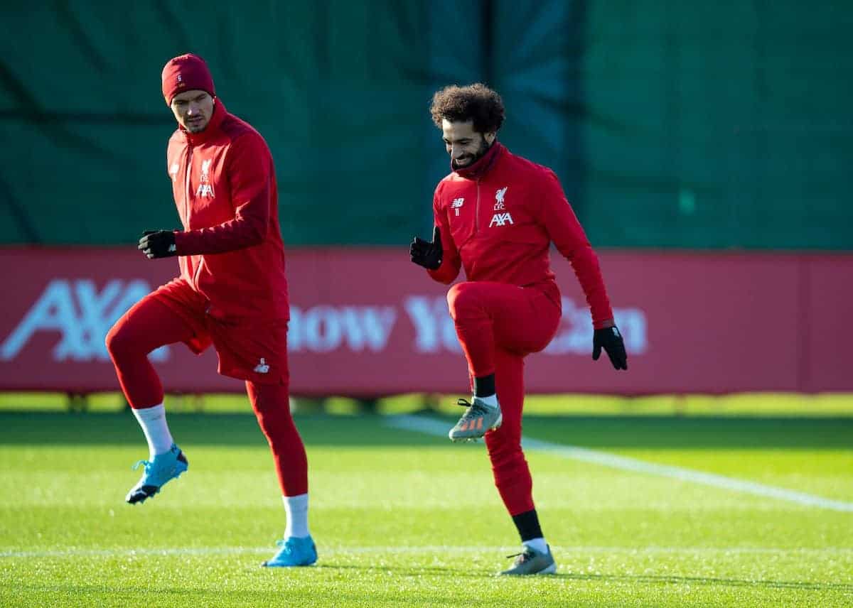 LIVERPOOL, ENGLAND - Monday, December 9, 2019: Liverpool's Dejan Lovren (L) and Mohamed Salah during a training session at Melwood Training Ground ahead of the UEFA Champions League Group E match between FC Salzburg and Liverpool FC. (Pic by David Rawcliffe/Propaganda)