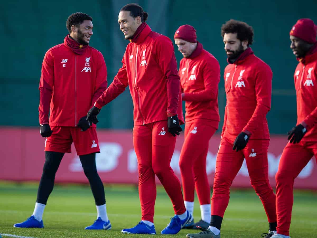 LIVERPOOL, ENGLAND - Monday, December 9, 2019: Liverpool's Joe Gomez, Virgil van Dijk, captain Jordan Henderson, Mohamed Salah during a training session at Melwood Training Ground ahead of the UEFA Champions League Group E match between FC Salzburg and Liverpool FC. (Pic by David Rawcliffe/Propaganda)