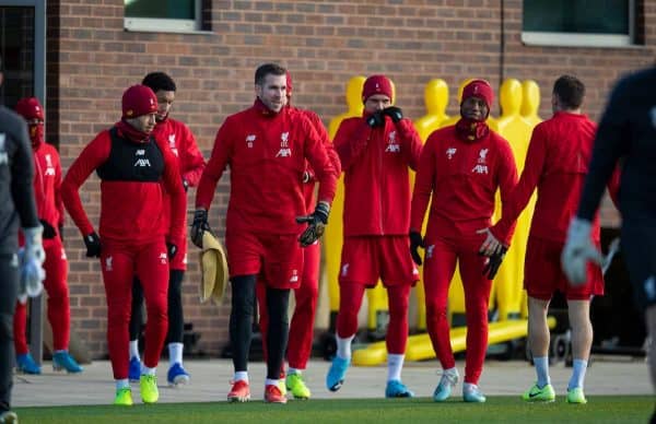 LIVERPOOL, ENGLAND - Monday, December 9, 2019: Liverpool's (L-R) Alex Oxlade-Chamberlain, goalkeeper Adrián San Miguel del Castillo, Dejan Lovren and Georginio Wijnaldum during a training session at Melwood Training Ground ahead of the UEFA Champions League Group E match between FC Salzburg and Liverpool FC. (Pic by David Rawcliffe/Propaganda)