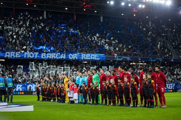 SALZBURG, AUSTRIA - Tuesday, December 10, 2019: Liverpool and FC Salzburg players line-up before the final UEFA Champions League Group E match between FC Salzburg and Liverpool FC at the Red Bull Arena. (Pic by David Rawcliffe/Propaganda)