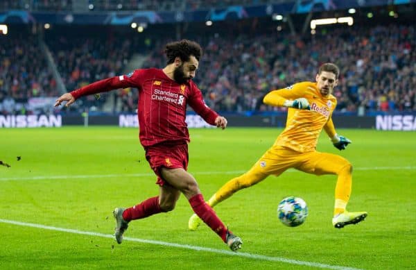 SALZBURG, AUSTRIA - Tuesday, December 10, 2019: Liverpool's Mohamed Salah scores the second goal during the final UEFA Champions League Group E match between FC Salzburg and Liverpool FC at the Red Bull Arena. (Pic by David Rawcliffe/Propaganda)