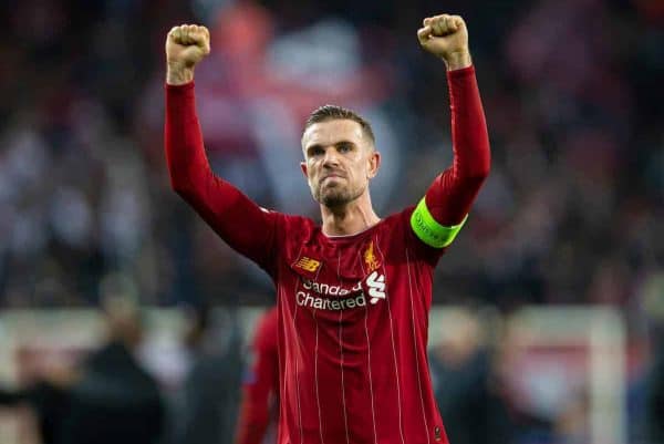 SALZBURG, AUSTRIA - Tuesday, December 10, 2019: Liverpool's captain Jordan Henderson celebrates afterfinal UEFA Champions League Group E match between FC Salzburg and Liverpool FC at the Red Bull Arena. Liverpoolwon 2-0. (Pic by David Rawcliffe/Propaganda)