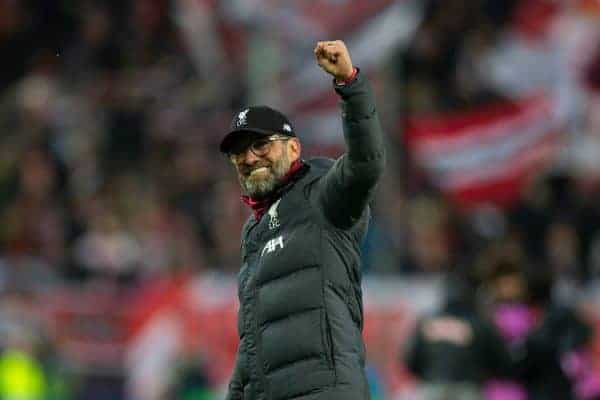 SALZBURG, AUSTRIA - Tuesday, December 10, 2019: Liverpool's manager Jürgen Klopp celebrates afterfinal UEFA Champions League Group E match between FC Salzburg and Liverpool FC at the Red Bull Arena. Liverpoolwon 2-0. (Pic by David Rawcliffe/Propaganda)