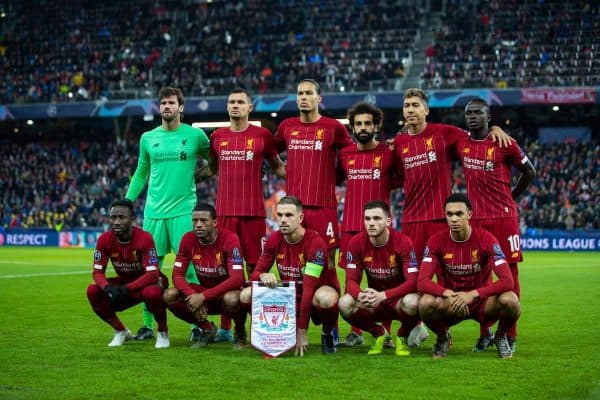 SALZBURG, AUSTRIA - Tuesday, December 10, 2019: Liverpool's players line-up for a team group photograph before the final UEFA Champions League Group E match between FC Salzburg and Liverpool FC at the Red Bull Arena. Back row L-R: goalkeeper Alisson Becker, Dejan Lovren, Virgil van Dijk, Mohamed Salah, Roberto Firmino, Sadio Mané. Front row L-R: Naby Keita, Georginio Wijnaldum, captain Jordan Henderson, Andy Robertson, Trent Alexander-Arnold. (Pic by David Rawcliffe/Propaganda)