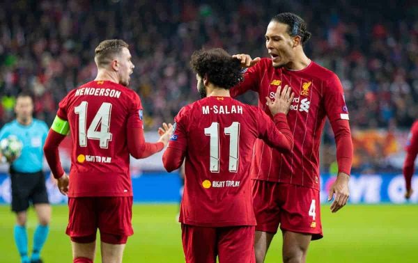 SALZBURG, AUSTRIA - Tuesday, December 10, 2019: Liverpool's Mohamed Salah (C) celebrates scoring the second goal with team-mates captain Jordan Henderson (L) and Virgil van Dijk (R) during the final UEFA Champions League Group E match between FC Salzburg and Liverpool FC at the Red Bull Arena. (Pic by David Rawcliffe/Propaganda)