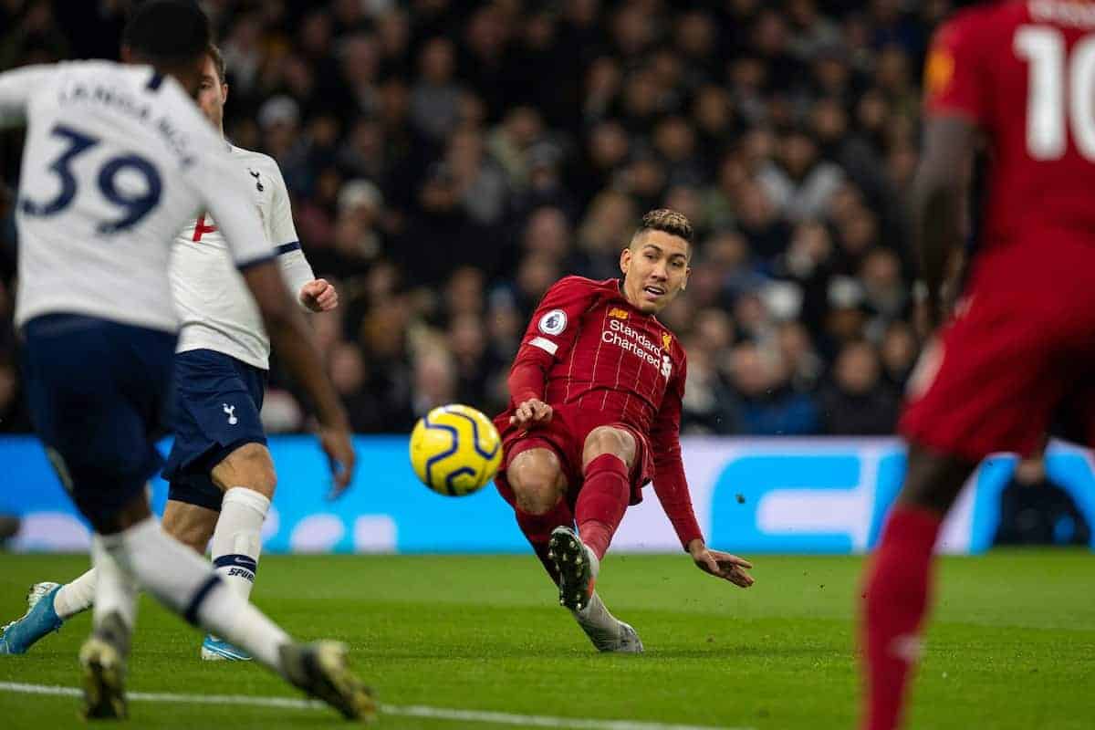 LONDON, ENGLAND - Saturday, January 11, 2020: Liverpool's Roberto Firmino shoots during the FA Premier League match between Tottenham Hotspur FC and Liverpool FC at the Tottenham Hotspur Stadium. (Pic by David Rawcliffe/Propaganda)