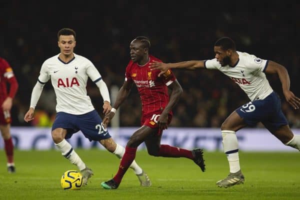 LONDON, ENGLAND - Saturday, January 11, 2020: Liverpool's Sadio Mané is pulled back by Tottenham Hotspur's Japhet Tanganga during the FA Premier League match between Tottenham Hotspur FC and Liverpool FC at the Tottenham Hotspur Stadium. (Pic by David Rawcliffe/Propaganda)