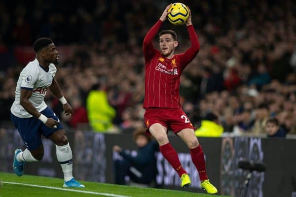 LONDON, ENGLAND - Saturday, January 11, 2020: Liverpool's Andy Robertson takes a throw-in during the FA Premier League match between Tottenham Hotspur FC and Liverpool FC at the Tottenham Hotspur Stadium. (Pic by David Rawcliffe/Propaganda)