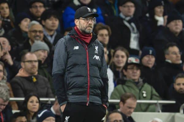 LONDON, ENGLAND - Saturday, January 11, 2020: Liverpool's manager Jürgen Klopp during the FA Premier League match between Tottenham Hotspur FC and Liverpool FC at the Tottenham Hotspur Stadium. (Pic by David Rawcliffe/Propaganda)