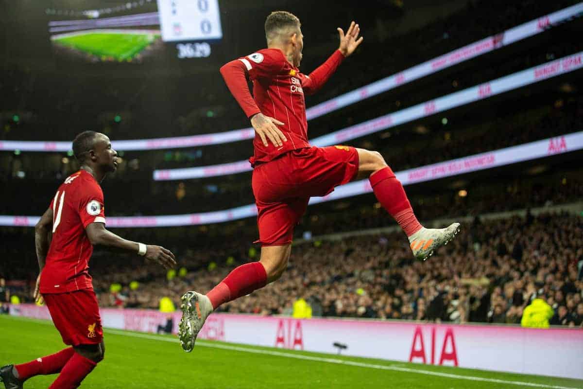 LONDON, ENGLAND - Saturday, January 11, 2020: Liverpool's Roberto Firmino celebrates after scoring the first goal during the FA Premier League match between Tottenham Hotspur FC and Liverpool FC at the Tottenham Hotspur Stadium. (Pic by David Rawcliffe/Propaganda)