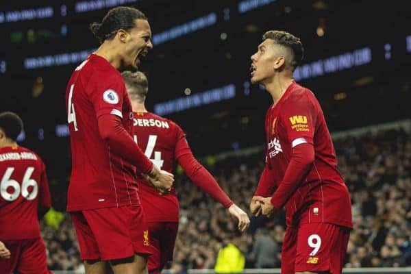 LONDON, ENGLAND - Saturday, January 11, 2020: Liverpool's Roberto Firmino celebrates after scoring the first goal during the FA Premier League match between Tottenham Hotspur FC and Liverpool FC at the Tottenham Hotspur Stadium. (Pic by David Rawcliffe/Propaganda)