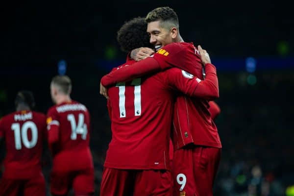 LONDON, ENGLAND - Saturday, January 11, 2020: Liverpool's Roberto Firmino celebrates after scoring the first goal during the FA Premier League match between Tottenham Hotspur FC and Liverpool FC at the Tottenham Hotspur Stadium. (Pic by David Rawcliffe/Propaganda)