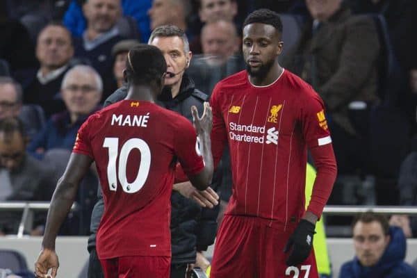 LONDON, ENGLAND - Saturday, January 11, 2020: Liverpool's substitute Divock Origi replaces Sadio Mané during the FA Premier League match between Tottenham Hotspur FC and Liverpool FC at the Tottenham Hotspur Stadium. (Pic by David Rawcliffe/Propaganda)