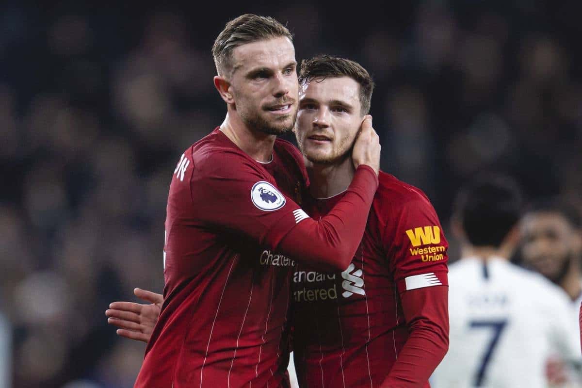 LONDON, ENGLAND - Saturday, January 11, 2020: Liverpool's captain Jordan Henderson (L) celebrates with Andy Robertson after the FA Premier League match between Tottenham Hotspur FC and Liverpool FC at the Tottenham Hotspur Stadium. Liverpool won 1-0. (Pic by David Rawcliffe/Propaganda)