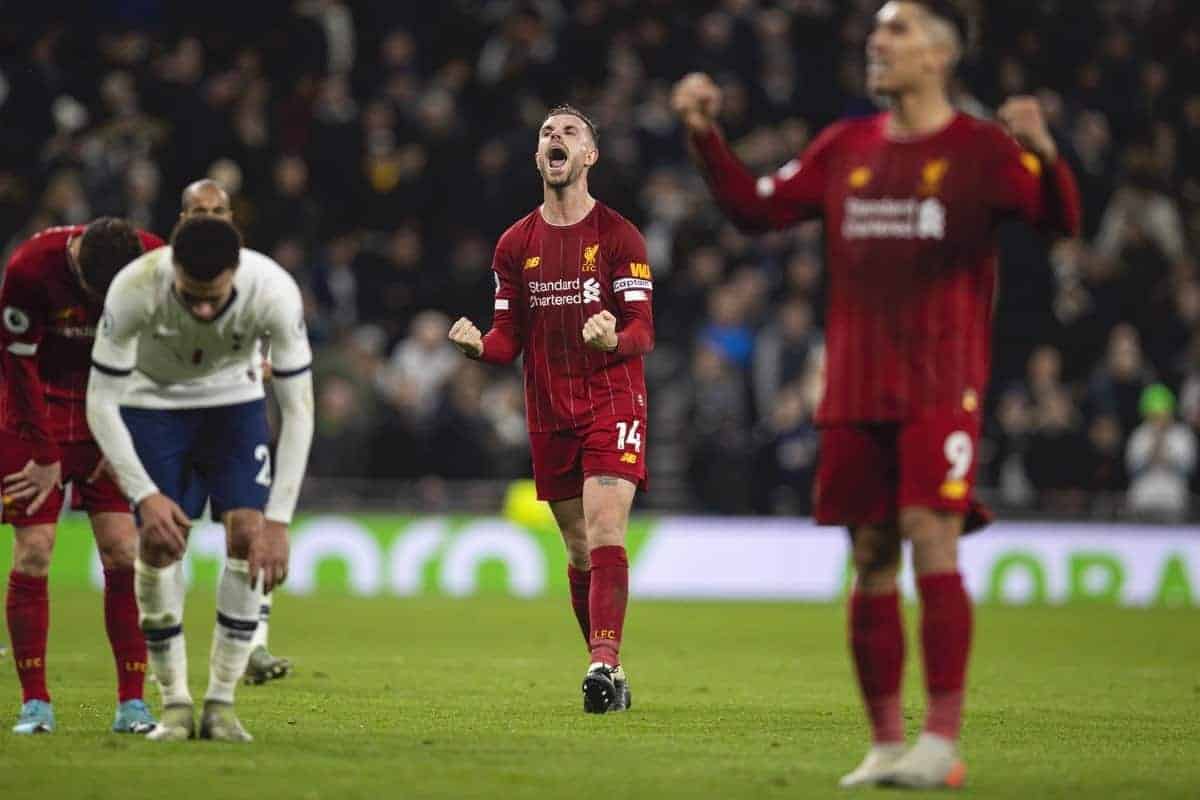 LONDON, ENGLAND - Saturday, January 11, 2020: Liverpool's captain Jordan Henderson celebrates after the FA Premier League match between Tottenham Hotspur FC and Liverpool FC at the Tottenham Hotspur Stadium. Liverpool won 1-0. (Pic by David Rawcliffe/Propaganda)