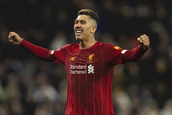 LONDON, ENGLAND - Saturday, January 11, 2020: Liverpool's match-winning goal-scorer Roberto Firmino celebrates after the FA Premier League match between Tottenham Hotspur FC and Liverpool FC at the Tottenham Hotspur Stadium. Liverpool won 1-0. (Pic by David Rawcliffe/Propaganda)