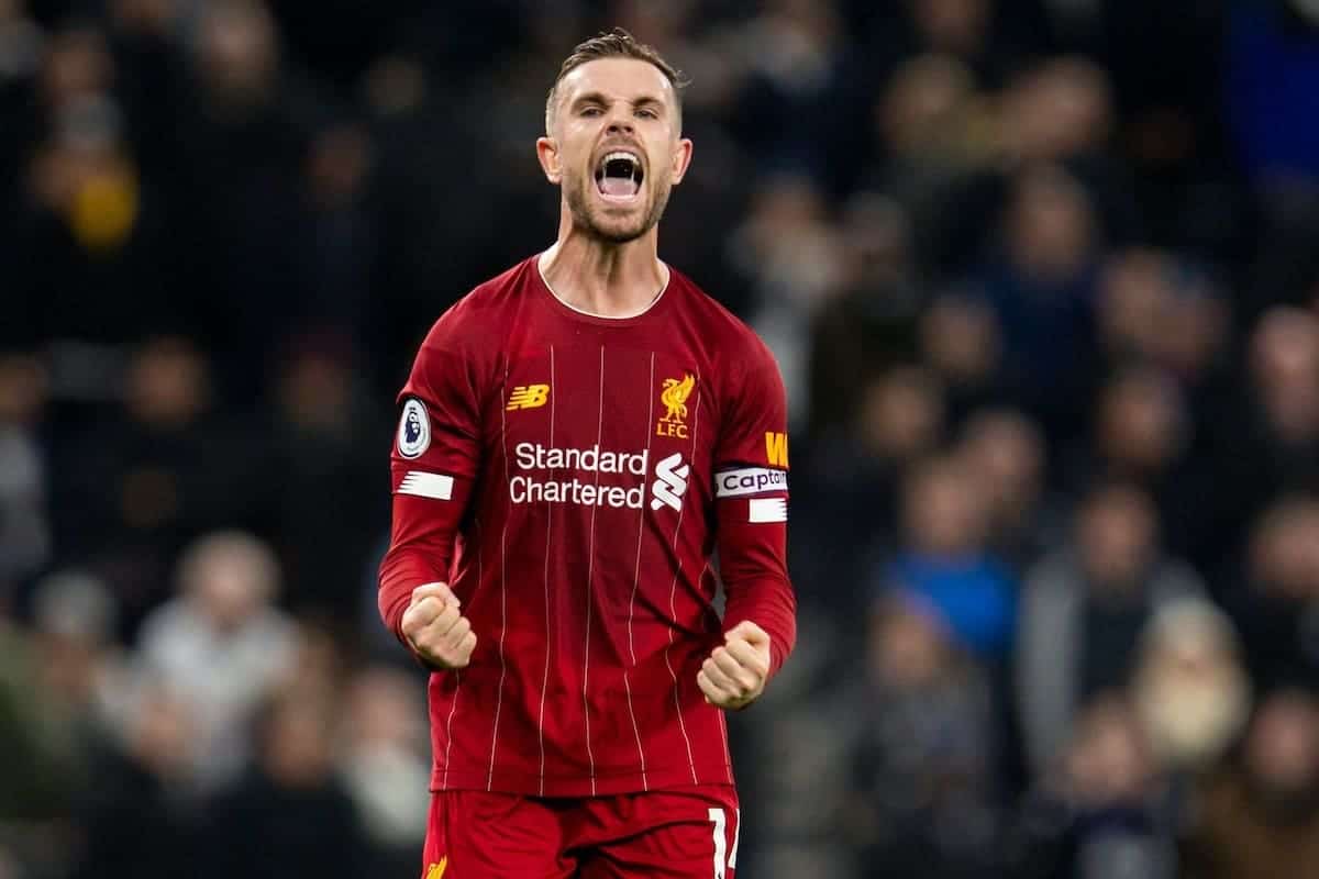 LONDON, ENGLAND - Saturday, January 11, 2020: Liverpool's captain Jordan Henderson celebrates after the FA Premier League match between Tottenham Hotspur FC and Liverpool FC at the Tottenham Hotspur Stadium. Liverpool won 1-0. (Pic by David Rawcliffe/Propaganda)