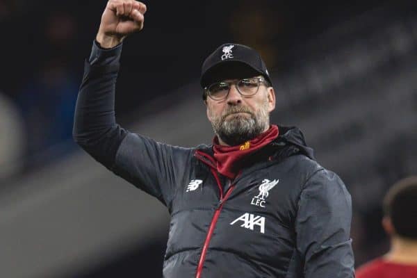 LONDON, ENGLAND - Saturday, January 11, 2020: Liverpool's manager Jürgen Klopp celebrates after the FA Premier League match between Tottenham Hotspur FC and Liverpool FC at the Tottenham Hotspur Stadium. Liverpool won 1-0. (Pic by David Rawcliffe/Propaganda)