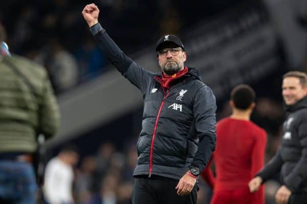 LONDON, ENGLAND - Saturday, January 11, 2020: Liverpool's manager Jürgen Klopp celebrates after the FA Premier League match between Tottenham Hotspur FC and Liverpool FC at the Tottenham Hotspur Stadium. Liverpool won 1-0. (Pic by David Rawcliffe/Propaganda)