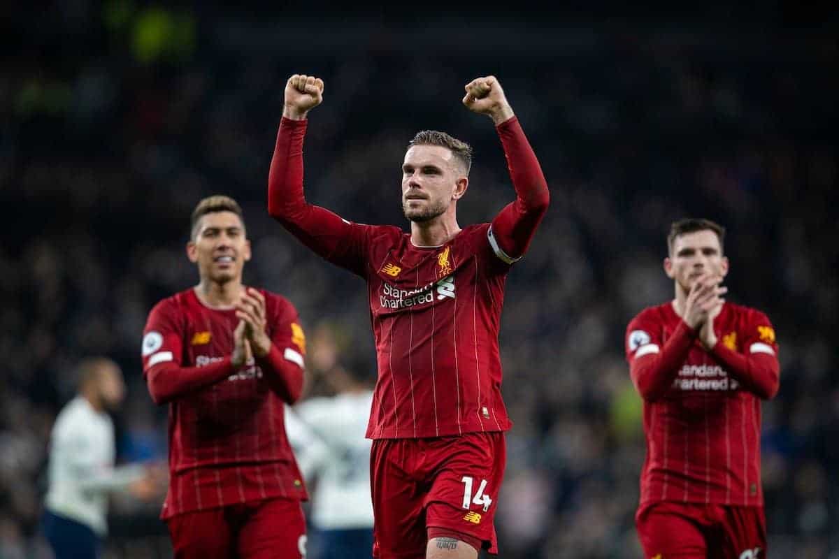 LONDON, ENGLAND - Saturday, January 11, 2020: Liverpool's captain Jordan Henderson celebrates after the FA Premier League match between Tottenham Hotspur FC and Liverpool FC at the Tottenham Hotspur Stadium. Liverpool won 1-0. (Pic by David Rawcliffe/Propaganda)