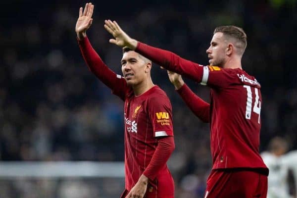 LONDON, ENGLAND - Saturday, January 11, 2020: Liverpool's match-winning goal-scorer Roberto Firmino (L) and captain Jordan Henderson celebrate after the FA Premier League match between Tottenham Hotspur FC and Liverpool FC at the Tottenham Hotspur Stadium. Liverpool won 1-0. (Pic by David Rawcliffe/Propaganda)