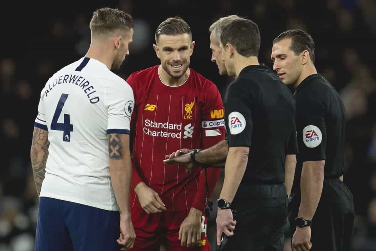 LONDON, ENGLAND - Saturday, January 11, 2020: Liverpool's captain Jordan Henderson and Tottenham Hotspur's Toby Alderweireld before the FA Premier League match between Tottenham Hotspur FC and Liverpool FC at the Tottenham Hotspur Stadium. (Pic by David Rawcliffe/Propaganda)