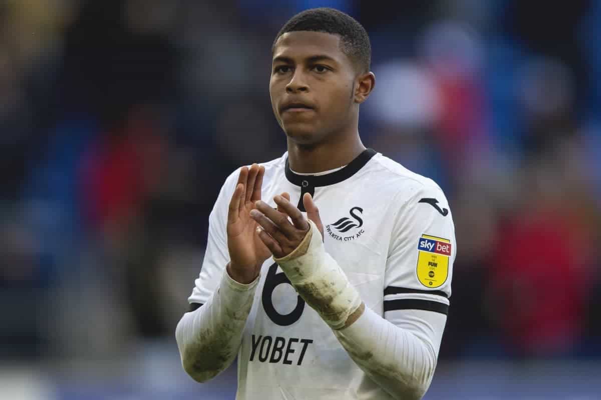 CARDIFF, WALES - Sunday, January 12, 2020: Swansea City's Rhian Brewster applauds the supporters after the Football League Championship match between Cardiff City FC and Swansea City FC at the Cardiff City Stadium. The game ended in a goal-less draw. (Pic by David Rawcliffe/Propaganda)