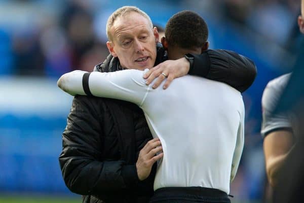 CARDIFF, WALES - Sunday, January 12, 2020: Swansea City's manager Steve Cooper (L) embraces Rhian Brewster after the Football League Championship match between Cardiff City FC and Swansea City FC at the Cardiff City Stadium. The game ended in a goal-less draw. (Pic by David Rawcliffe/Propaganda)