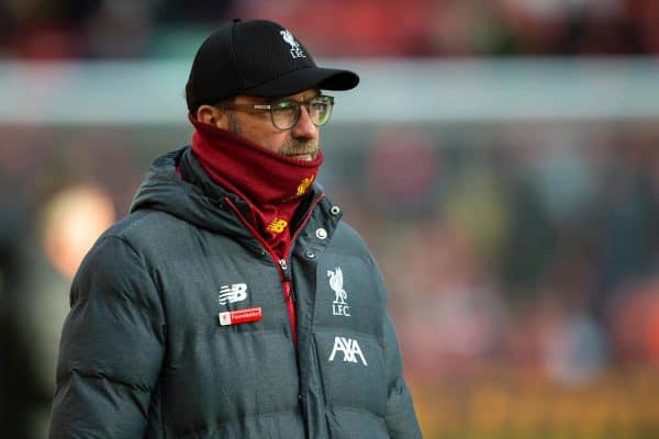 LIVERPOOL, ENGLAND - Saturday, December 14, 2019: Liverpool's manager Jürgen Klopp during the pre-match warm-up before the FA Premier League match between Liverpool FC and Watford FC at Anfield. (Pic by Richard Roberts/Propaganda)