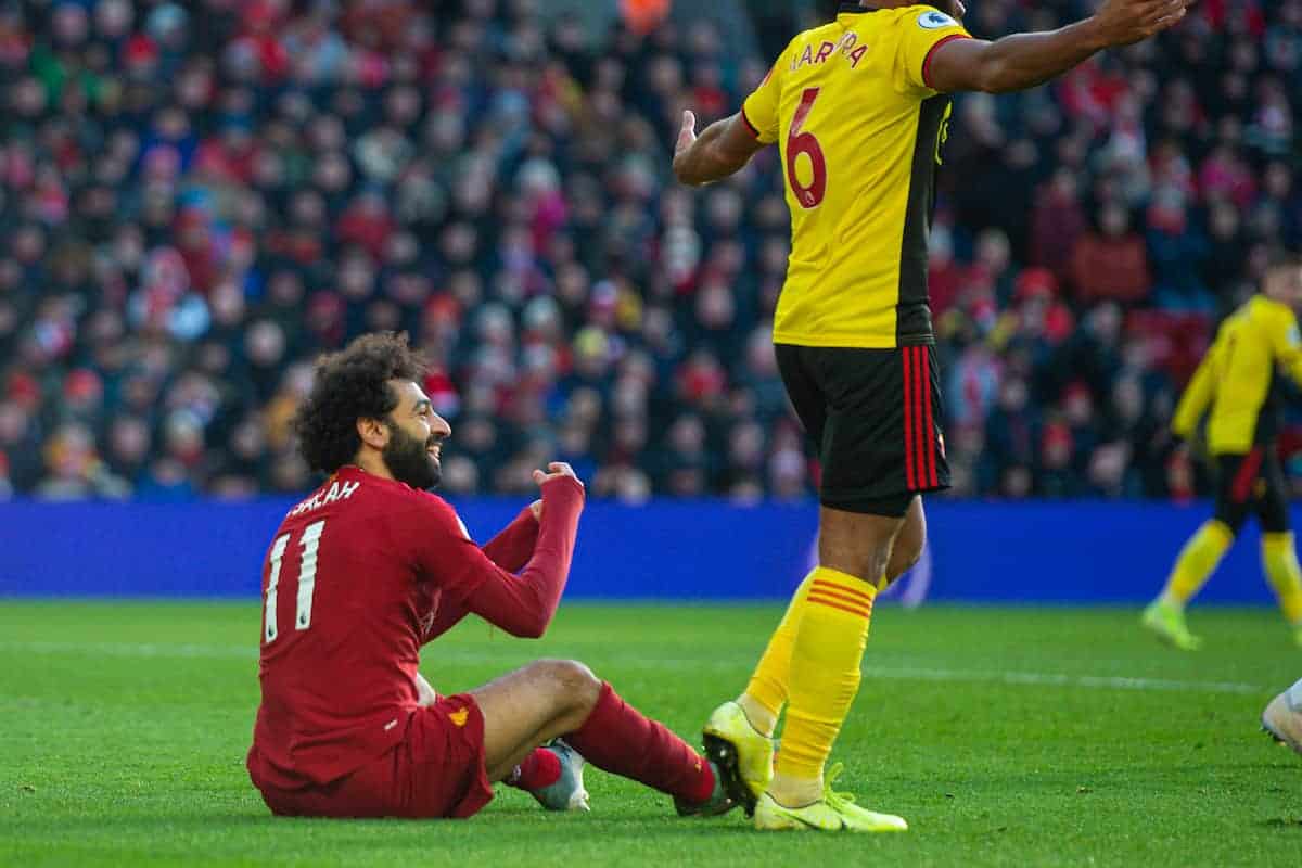 LIVERPOOL, ENGLAND - Saturday, December 14, 2019: Liverpool's Mohamed Salah appelas for a penalty during the FA Premier League match between Liverpool FC and Watford FC at Anfield. (Pic by Richard Roberts/Propaganda)