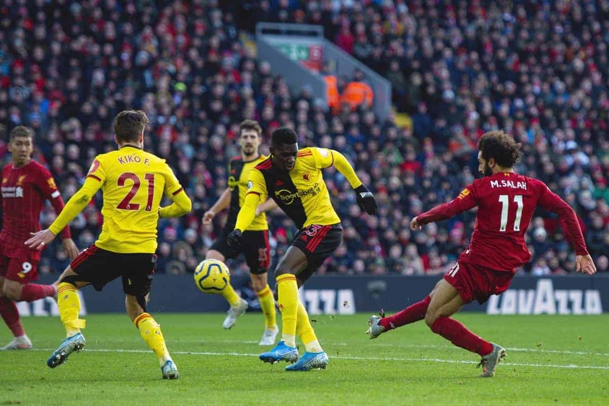 LIVERPOOL, ENGLAND - Saturday, December 14, 2019: Liverpool's Mohamed Salah scores the first goal during the FA Premier League match between Liverpool FC and Watford FC at Anfield. (Pic by Richard Roberts/Propaganda)