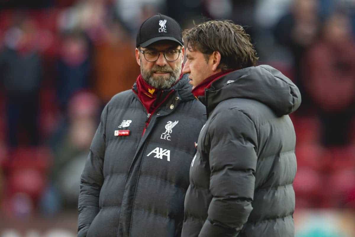 LIVERPOOL, ENGLAND - Saturday, December 14, 2019: Liverpool's manager Jürgen Klopp (L) and assistant manager Peter Krawietz during the FA Premier League match between Liverpool FC and Watford FC at Anfield. (Pic by Richard Roberts/Propaganda)