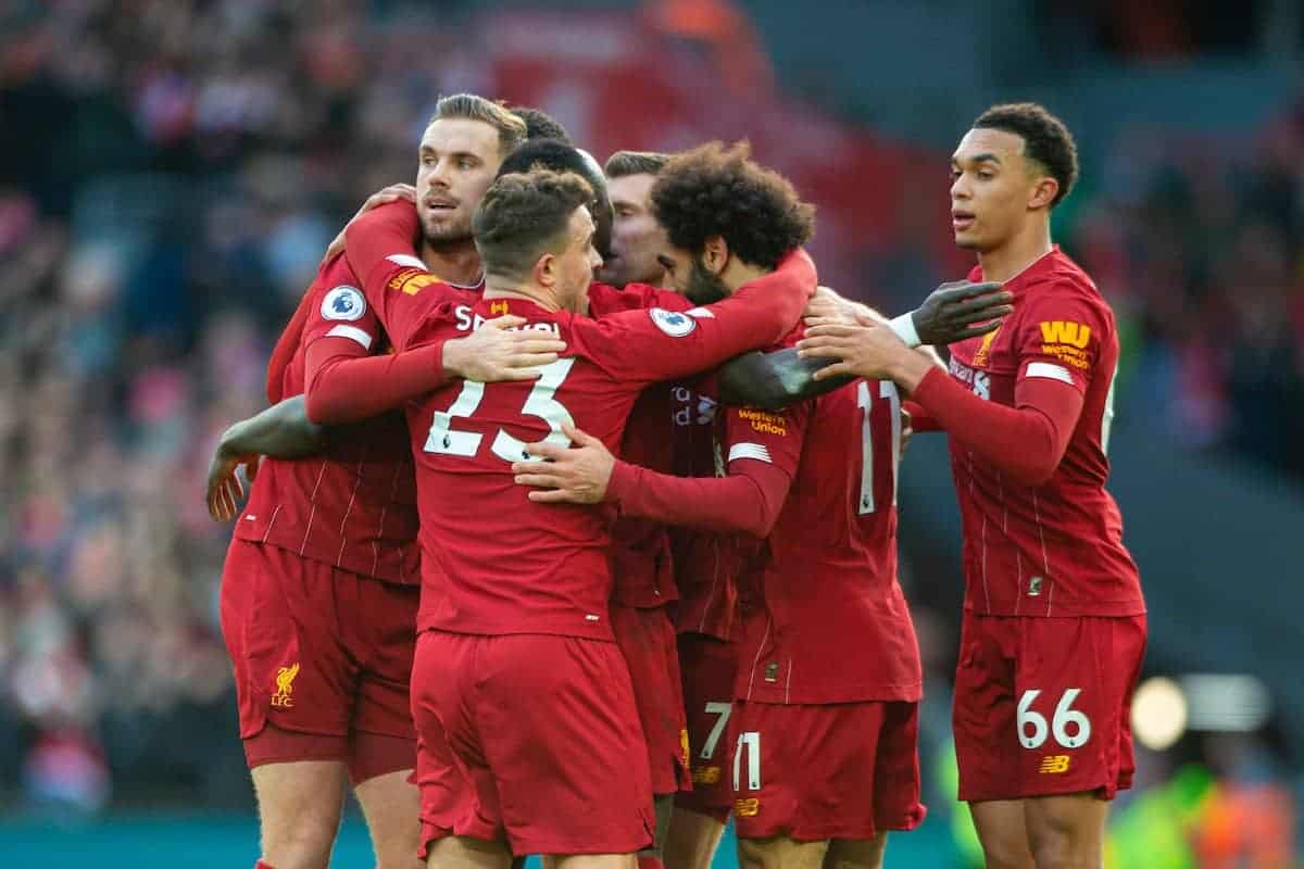 LIVERPOOL, ENGLAND - Saturday, December 14, 2019: Liverpool's Mohamed Salah celebrates scoring the first goal with team-mates during the FA Premier League match between Liverpool FC and Watford FC at Anfield. (Pic by Richard Roberts/Propaganda)