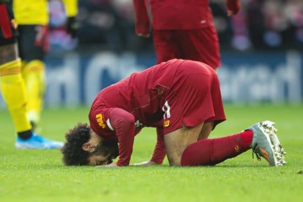 LIVERPOOL, ENGLAND - Saturday, December 14, 2019: Liverpool's Mohamed Salah kneels to pray as he celebrates scoring the first goal the FA Premier League match between Liverpool FC and Watford FC at Anfield. (Pic by Richard Roberts/Propaganda)