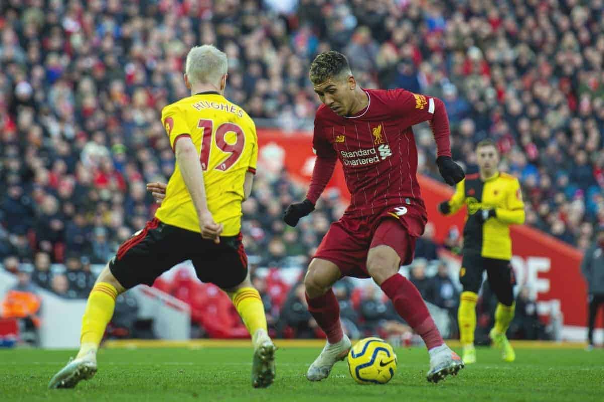 LIVERPOOL, ENGLAND - Saturday, December 14, 2019: Liverpool's Roberto Firmino (R) and Watford's Will Hughes during the FA Premier League match between Liverpool FC and Watford FC at Anfield. (Pic by Richard Roberts/Propaganda)