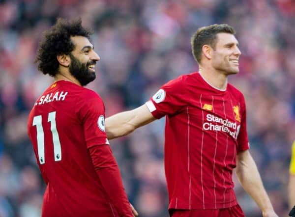 LIVERPOOL, ENGLAND - Saturday, December 14, 2019: Liverpool's Mohamed Salah (L) celebrates scoring the second goal with team-mate James Milner during the FA Premier League match between Liverpool FC and Watford FC at Anfield. (Pic by Richard Roberts/Propaganda)