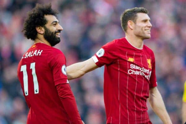 LIVERPOOL, ENGLAND - Saturday, December 14, 2019: Liverpool's Mohamed Salah (L) celebrates scoring the second goal with team-mate James Milner during the FA Premier League match between Liverpool FC and Watford FC at Anfield. (Pic by Richard Roberts/Propaganda)